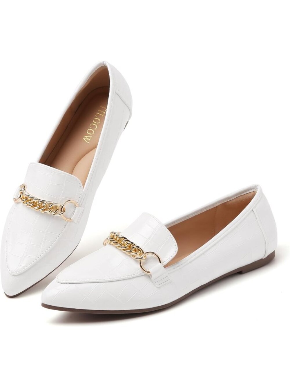 Women's White Metal Chain Loafers Pointed Toe Slip on Flats Comfortable Shoes